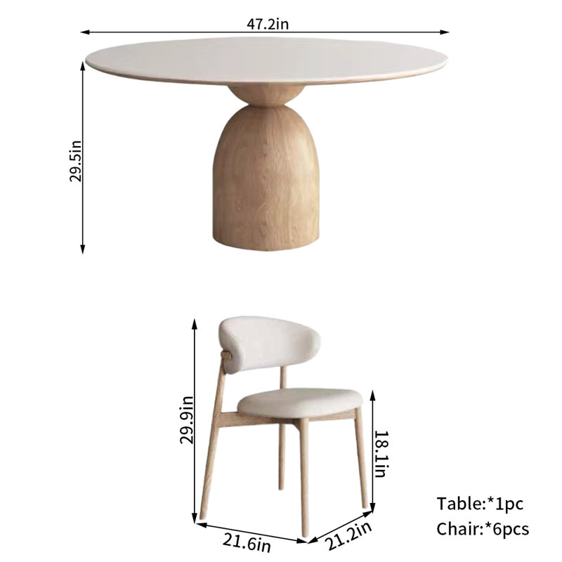 Ensemble de chaises de table de salle à manger rondes en bois massif 7 pièces, H 29,5 po x L 47,2 po x l 47,2 po