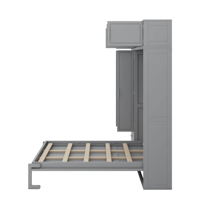 Grand lit escamotable mural avec armoire supérieure, tablettes et garde-robe