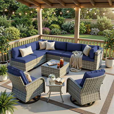 Ensemble de conversation modulaire en osier 10 pièces avec chaises berçantes pivotantes, table basse et table d'appoint, ensemble de conversation pour patio toutes saisons