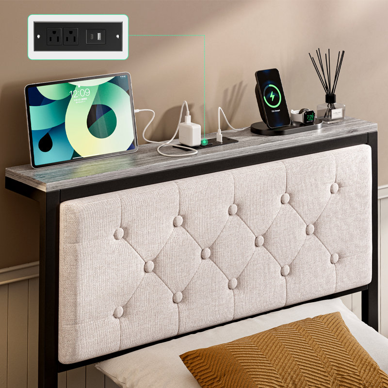 Headboard With Storage And Charging Station, Upholstered Storage Headboard Only With Bed Frame Brackets Adapter, Button Tufted Design, Easy Assembly