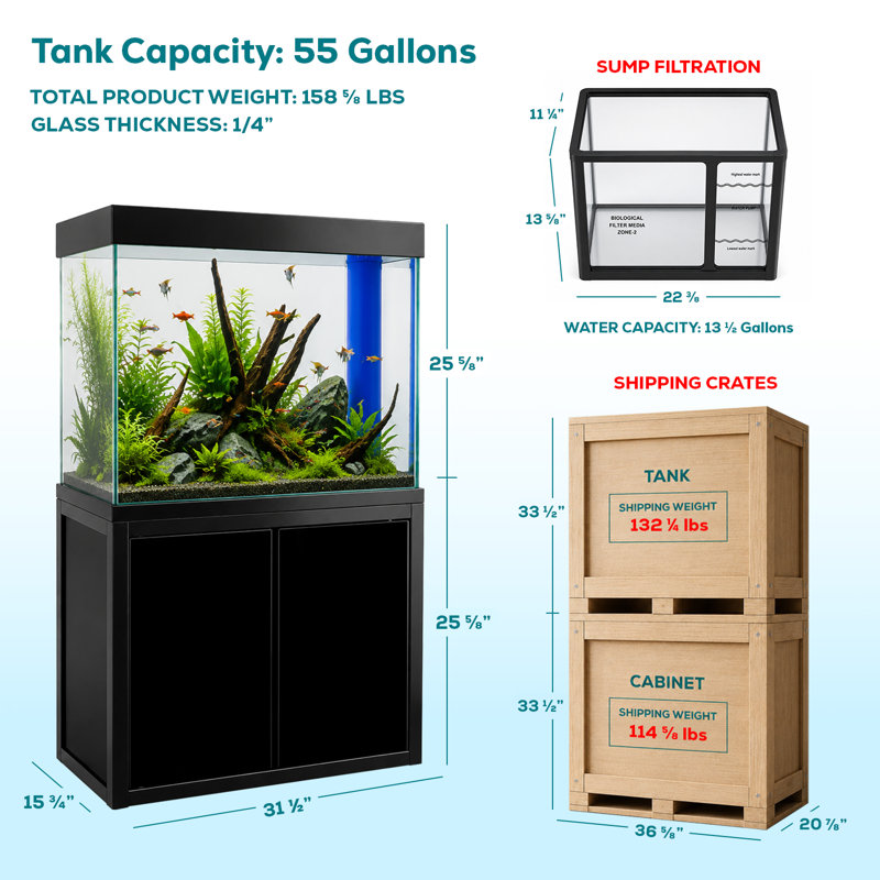 Réservoir d'aquarium rectangulaire, Noir, 50 gallons (H 51,2 po x l 31,5 po x P 14,2 po)