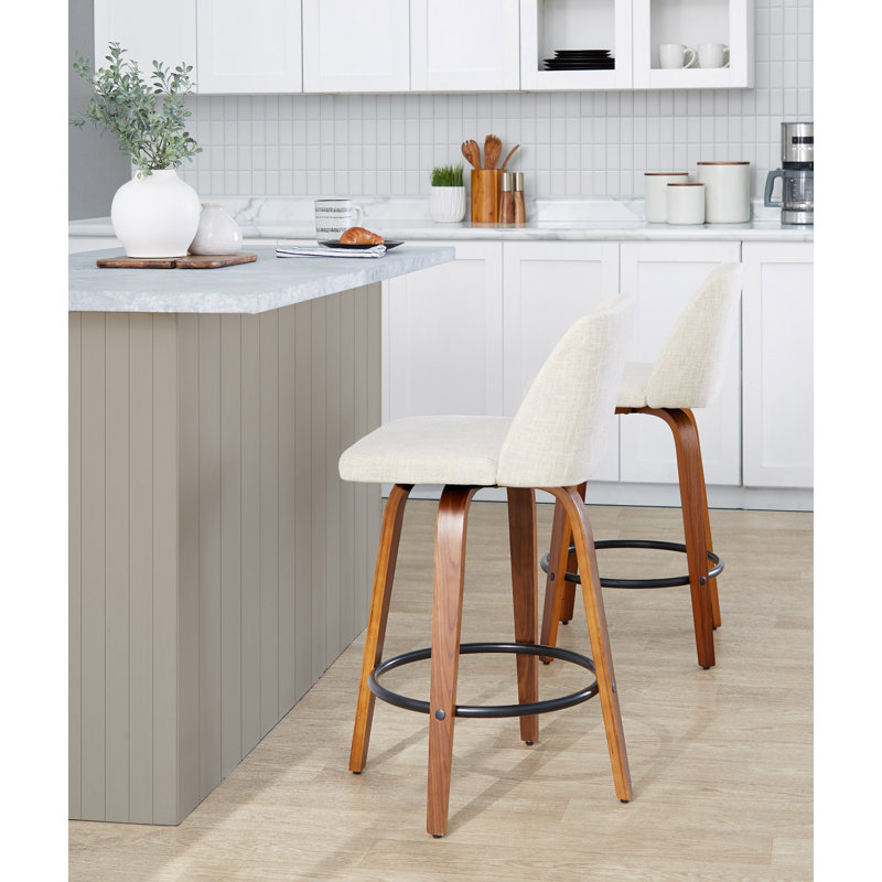 Tabouret de comptoir à hauteur fixe de 26 po avec pieds en bois cintré et repose-pieds rond Thea, Crème, Noir