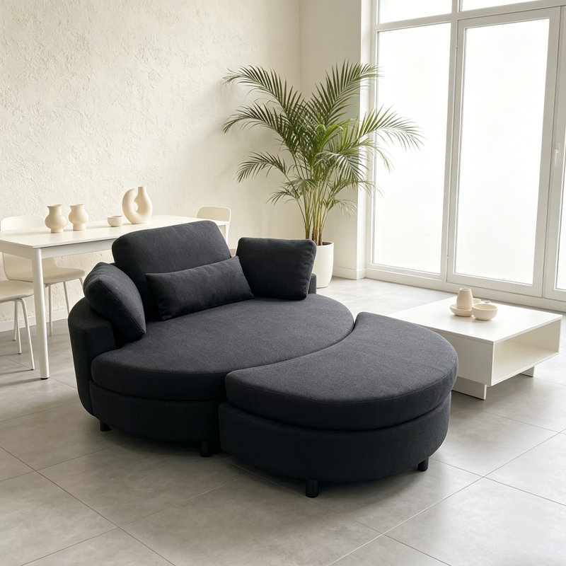 Danieal 51.2'' Wide Barrel Chair and Ottoman, Black Polyester Blend