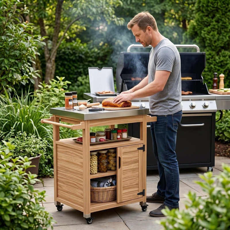 Chariot de barbecue en bois massif avec plateau en acier inoxydable, roulettes, tiroir et poignée latérale - Îlot de cuisine extérieur pour la cuisson sur le patio