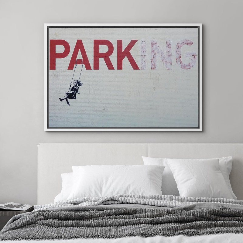 «Banksy Little Girl On Swing Dessous», H 16 po x l 24 po x P 1,5 po, Cadre flottant blanc