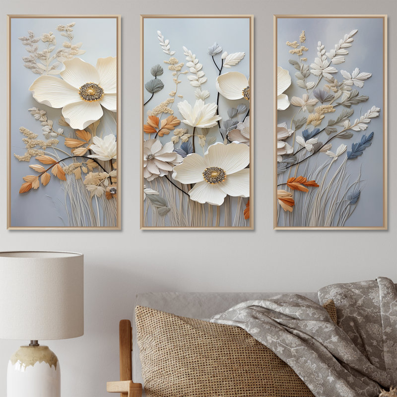 Ensemble de salon art mural beige avec fleurs saisonnières beige et bleu, H 40 po x l 60 po x P 1 po, Cadre naturel flottant