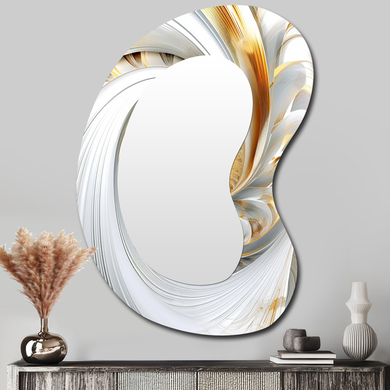 Eudochia Whirling While Glam Fractals In Gold And White IV - Fractals Asymmetrical Unique Wall Mirror, Modern Unique Shape Mirror, Printed Metal Art
