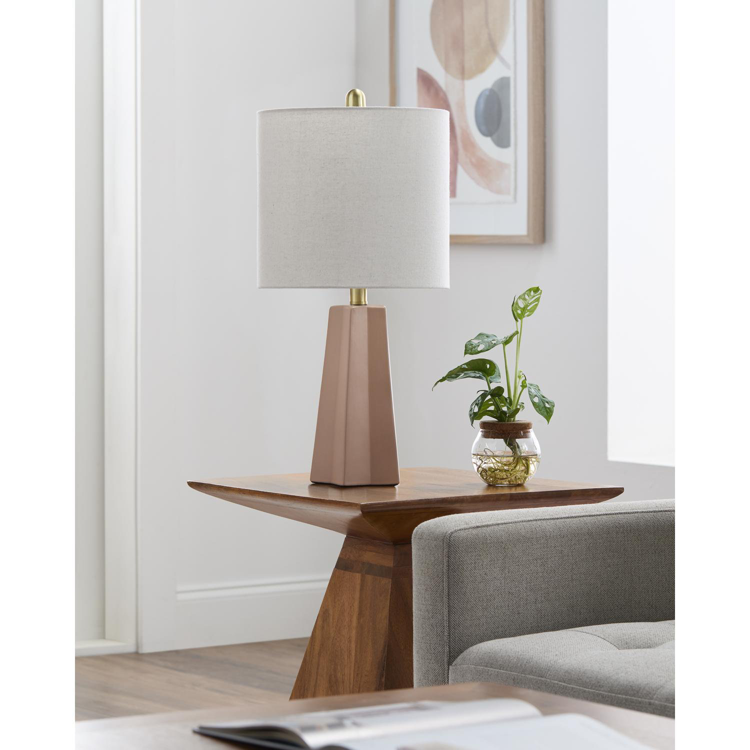 Magalie 1-Light Ceramic Table Lamp with Linen Drum Shade , Pink, Cream