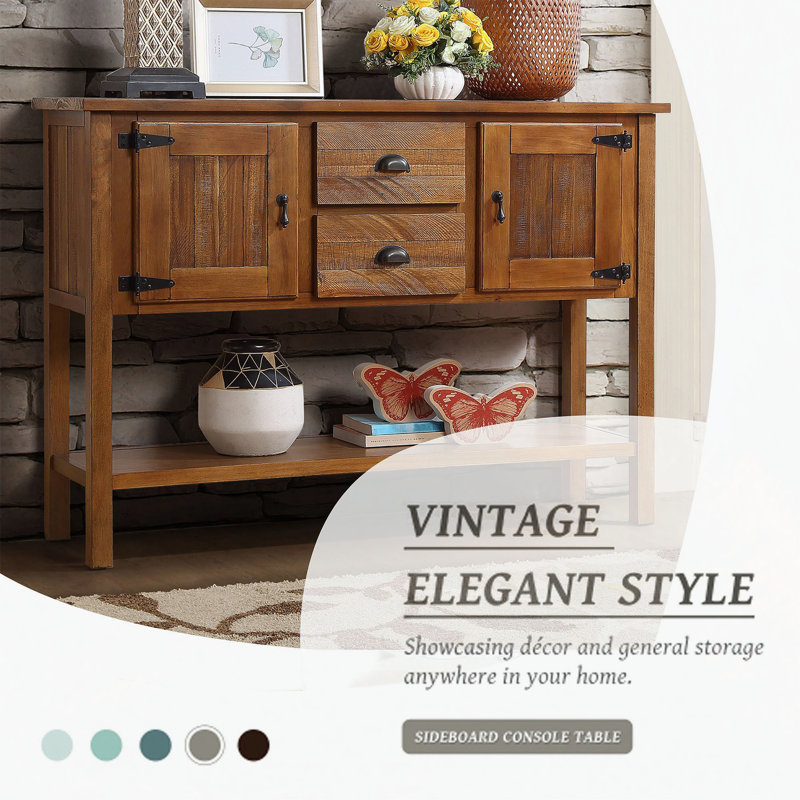 48'' Solid Wood Sideboard Console Table with 2 Drawers and Cabinets and Bottom Shelf, Retro Style Storage Dining Buffet Server Cabinet for Living Room Kitchen Dining Room