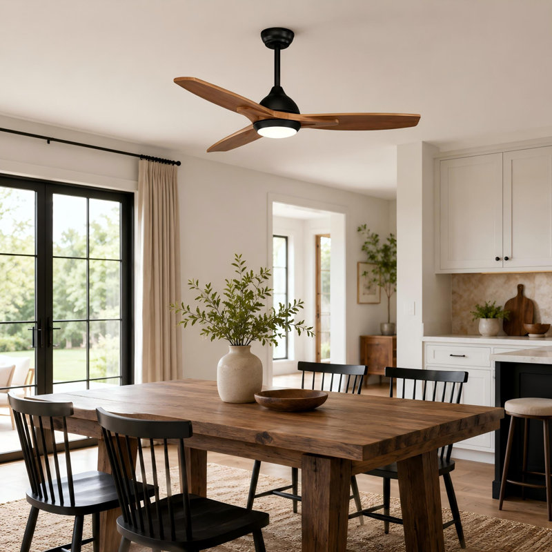 Modern 52" Matte Black Ceiling Fan , Matte Black, Natural Wood