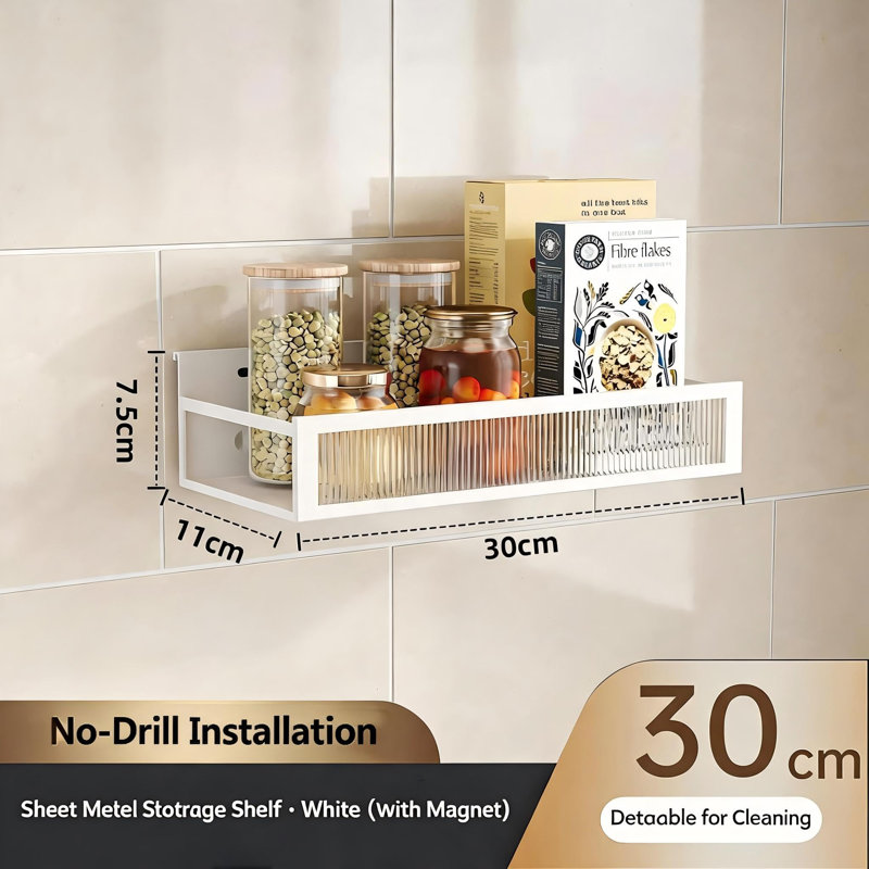 13.5cm W 碳钢 Wall Mounted Shelving Unit, (with nail-free stickers)  white