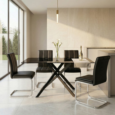 51" Rectangular Tempered Glass Dining Set with 4 Cantilever Faux Leather Chairs