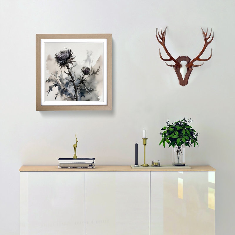 Thistle Ink Wash No.1 - Framed Print, Oak