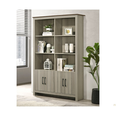 47"W Gray Oak Bookcase Shelf With Cabinet Doors