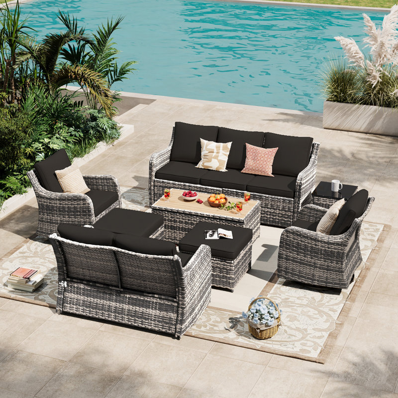 8 Pieces Patio Furniture Set, Patio Conversation Set With Swivel Rocking Chairs, Outdoor Wicker Sofa Couch With Waterproof Cushions For Lawn Backyard Porch
