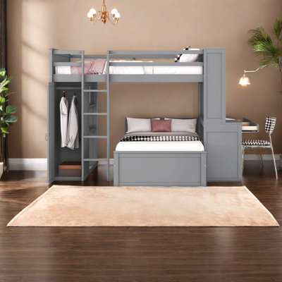 Lit mezzanine double multifonctionnel avec lit simple, bois massif, finition grise pour les espaces compacts