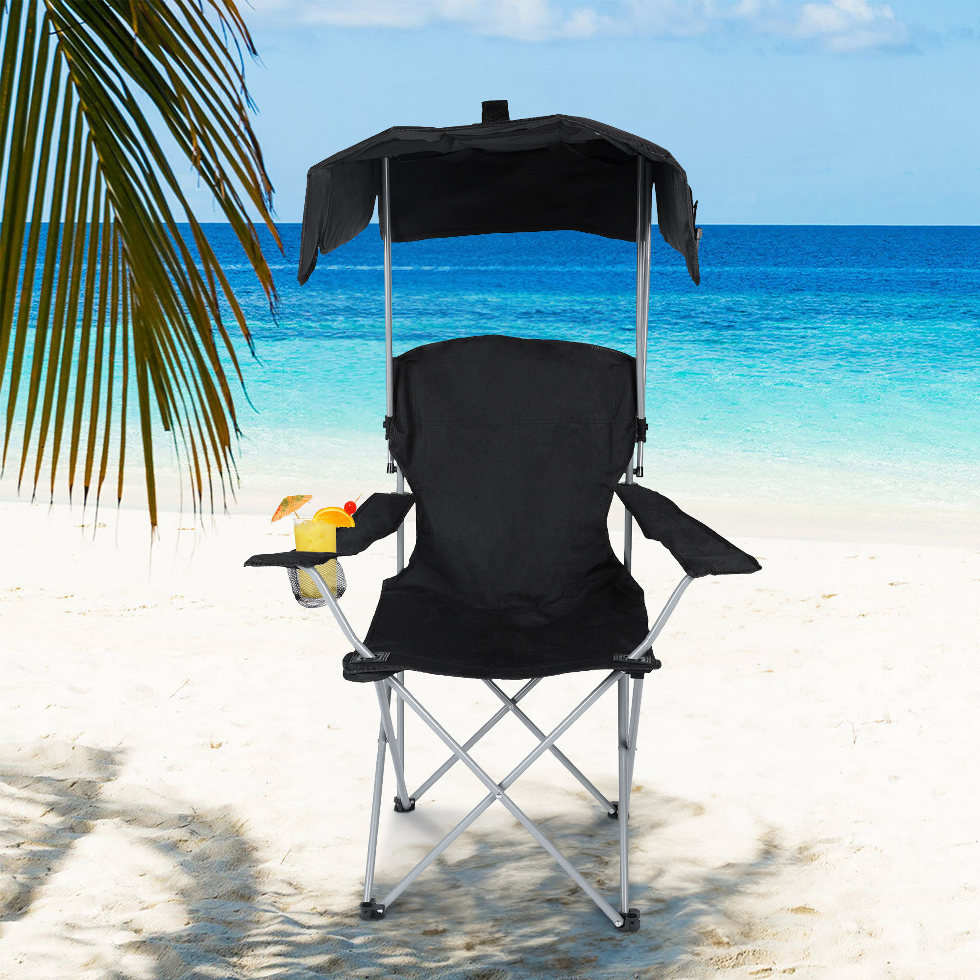 Arlmont & Co. Minodor Portable Lounge Chair Camping Chair with Umbrella and  Cup Holder Black for Camping Hiking & Reviews