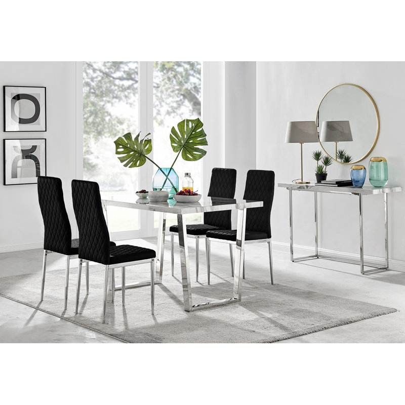 Edzard Marble Effect & Chrome Metal Rectangular Dining Table Set - 4 Luxury Velvet Dining Chairs, White Marble/Silver
