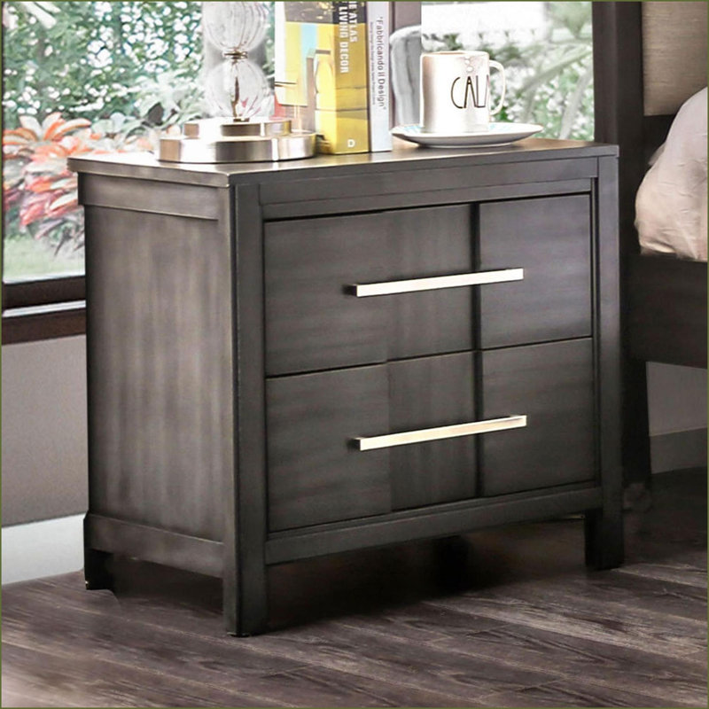 Table de chevet transitionnelle 2 tiroirs gris, Brun