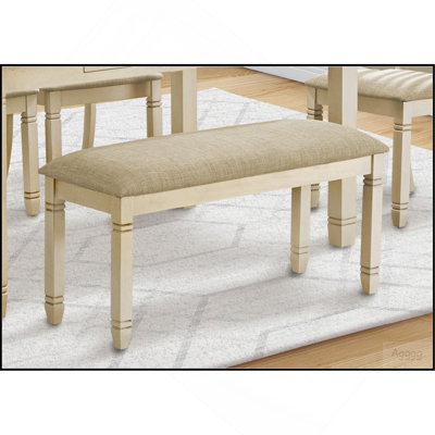 Banc, 41 po rectangulaire, cuisine, salle à manger, vestibule, chambre à coucher, rembourré, bois, bois massif blanc antique, tissu d'aspect lin beige, transitionnel
