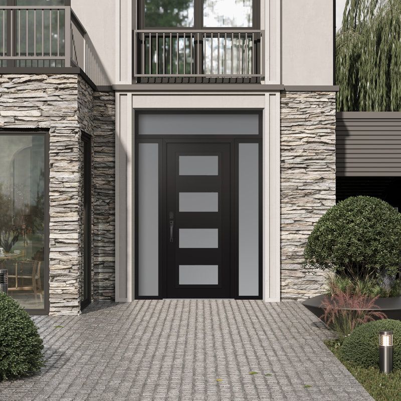 Panneau d'entrée noir en acier noir / blanc avec 2 panneaux latéraux et porte d'entrée avant suspendue à traverse, Oui
