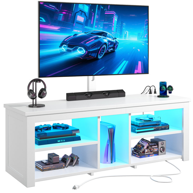 Meuble télé réglable avec support pivotant, éclairage DEL et prises électriques, centre multimédia pour téléviseurs de 32 à 70 pouces, console de jeux avec rangement ouvert