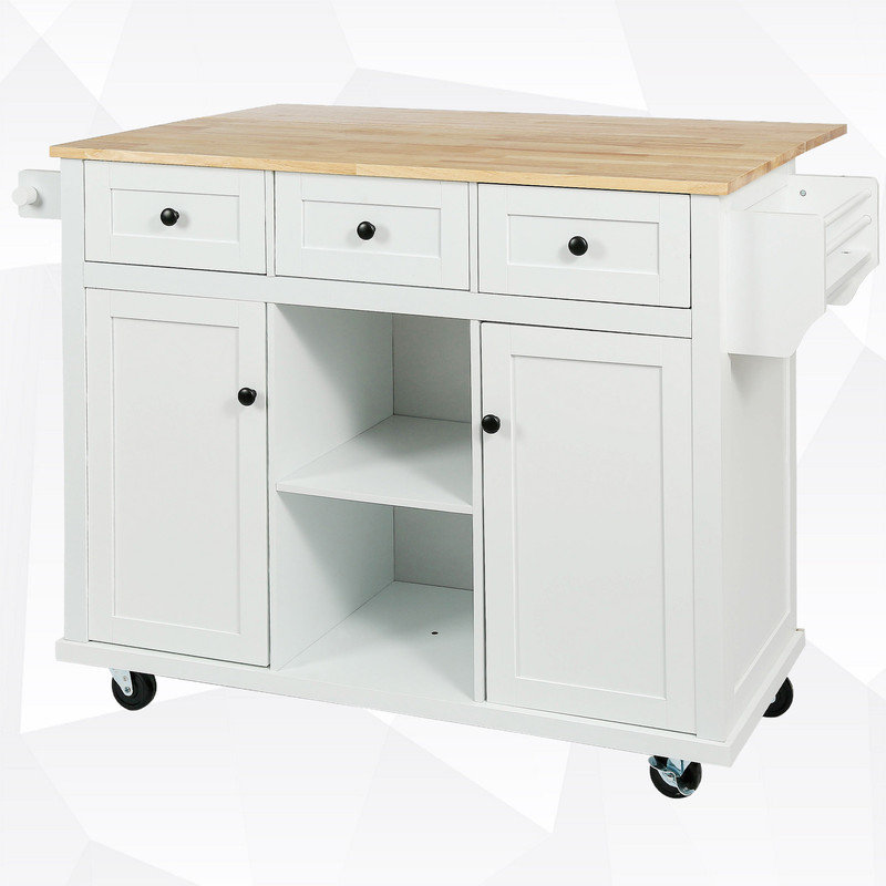 Kitchen Island with Solid Wood Drop-Leaf & 3 Storage Drawers, White