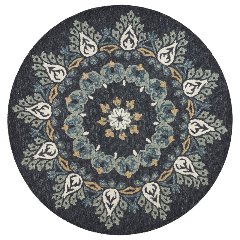Tapis bleu foncé en laine touffeté à la main Padula Paradise, Rond 6 pi