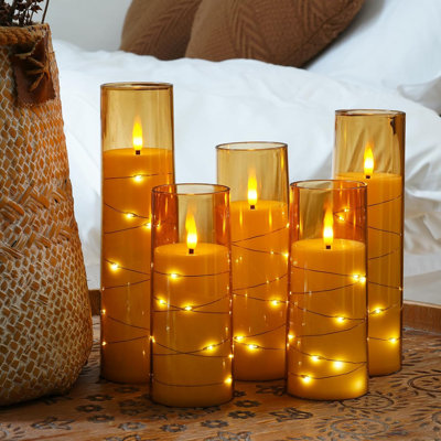Flameless Led Candles With Embedded Star String, 5 Pcs Battery Operated Acrylic Pillar Candles With Timer And Remote, Flickering Candles For Romantic Ambiance And Home Decoration(glod)
