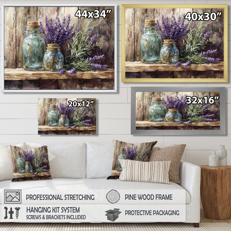 Lavande et bouquet de romarin IV - lavande, art mural, H 12 po x l 20 po, Cadre flottant, Argent argent