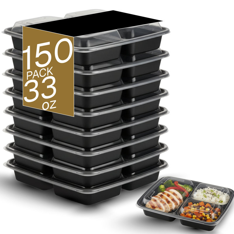 Microwaveable Compartmental Container (Rectangular) with Lid 3-compartment, 33oz, 150-Pack