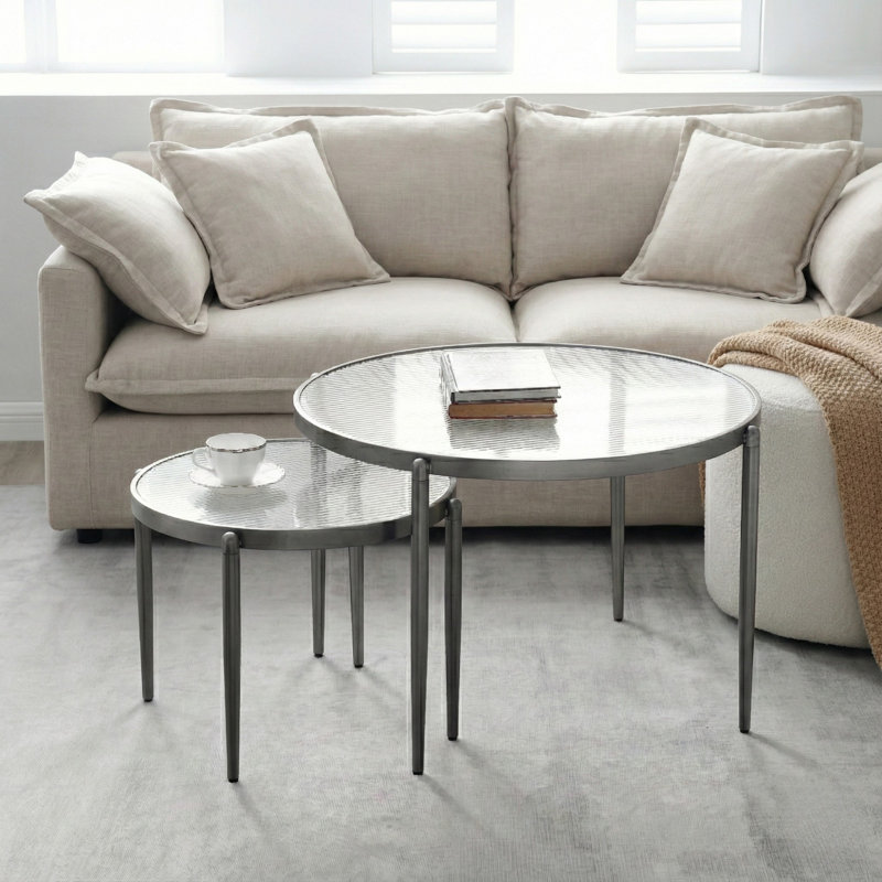 Stylish and Modern Addlie Nesting Fluted Glass Finished Metal Frame Round Coffee Table, Gray