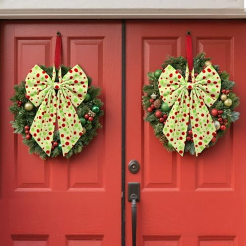 Christmas Dot 2 Pcs Wreath Bows 19.6'' x 11.8'' Large Wreath Sash for Front Door Party Yard Doorway Indoor Outdoor Wall Decoration (Red and Green)