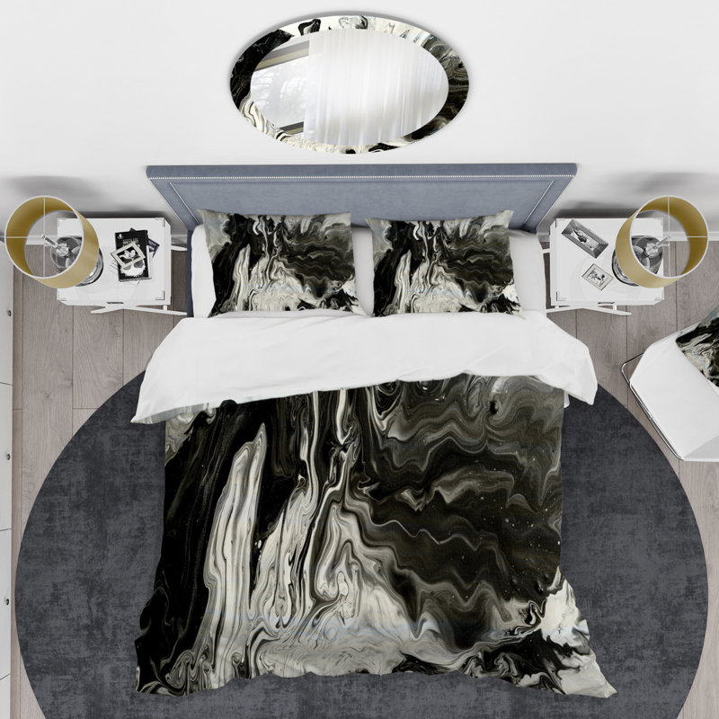 Ensemble de housse de couette moderne et contemporain - acrylique blanc, gris et marbre blanc III, Noir/blanc