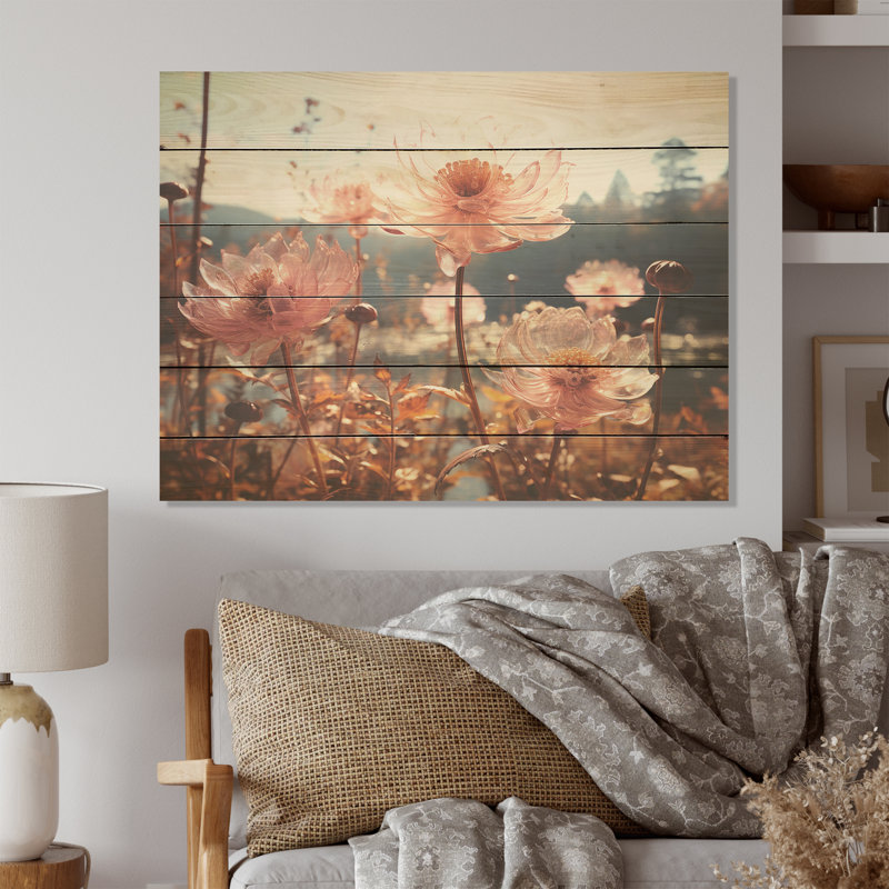 Floral Meadow Delight - Art mural sur bois de pin naturel, H 10 po x l 20 po