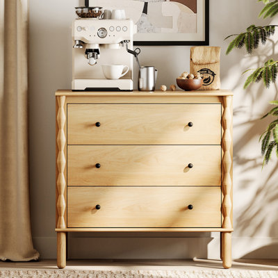 Buffet 3 tiroirs avec pieds en bois massif, chêne