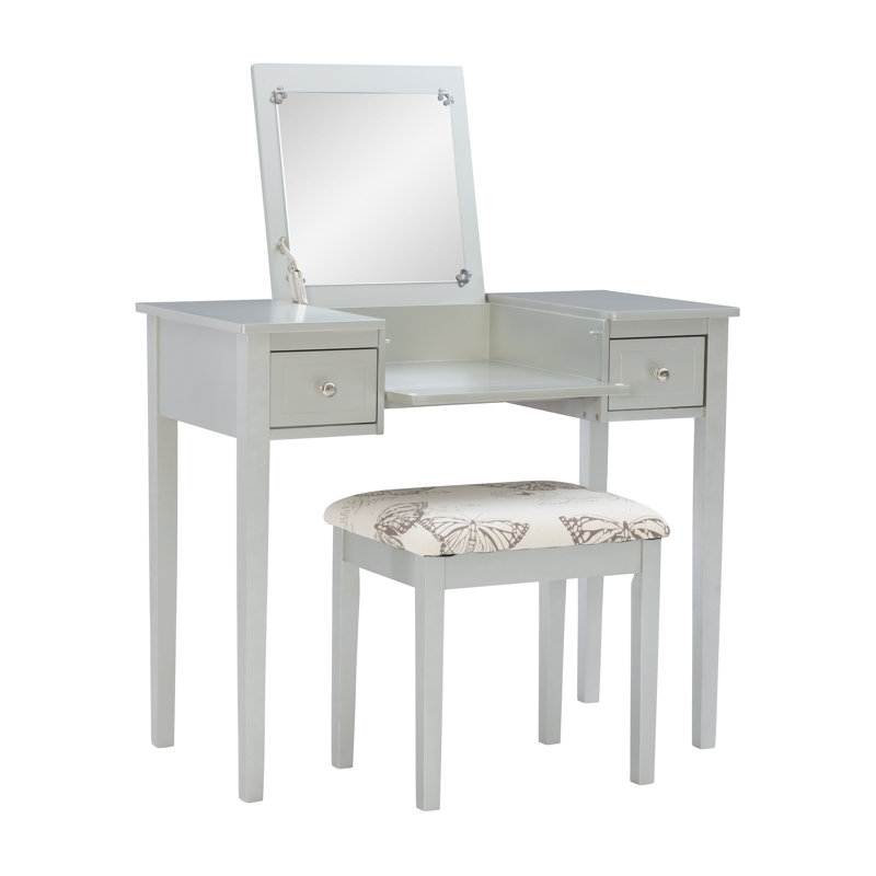 Fidelmar 36" 2-Drawer Flip Top Mirror Vanity with Butterfly Print Stool, Silver