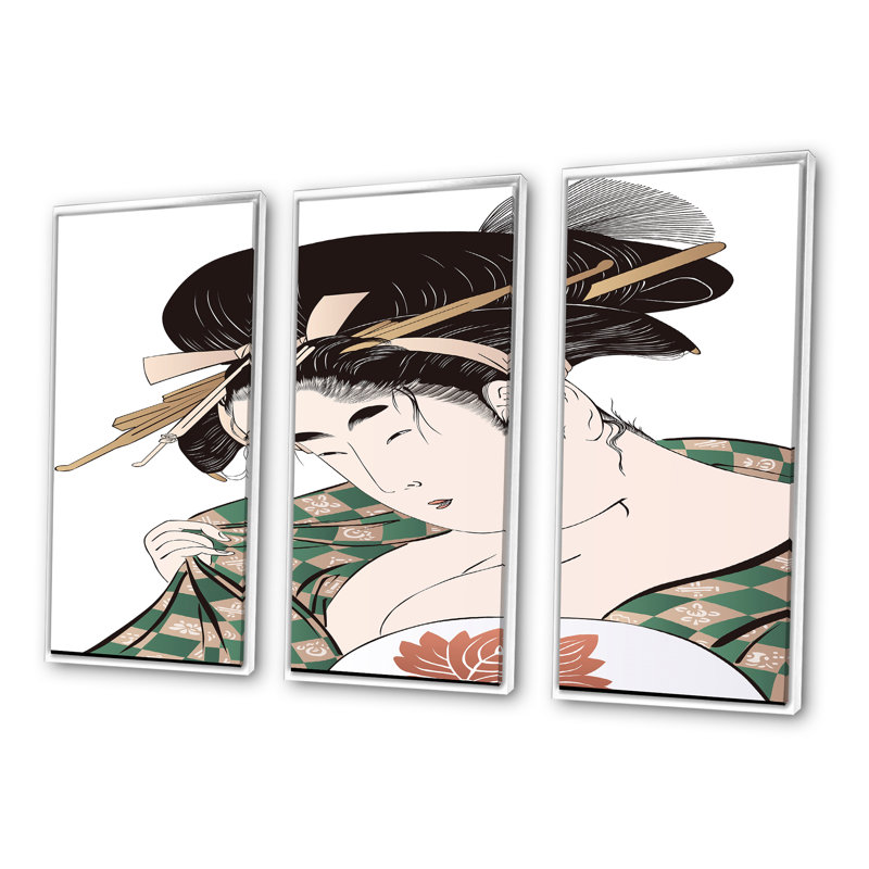 «Ukiyo-E» japonaise, ensemble d'art mural sur toile encadré moderne de style Mid-Century, H 28 po x l 36 po x P 1 po