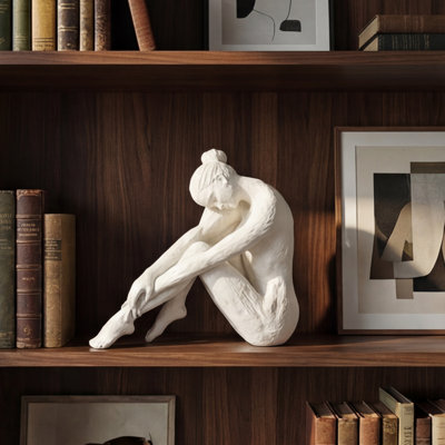 9" White Seated Woman Figurine - Stone Resin Material, Marble-Like Finish for Home Decor (10.5x4.5x9")