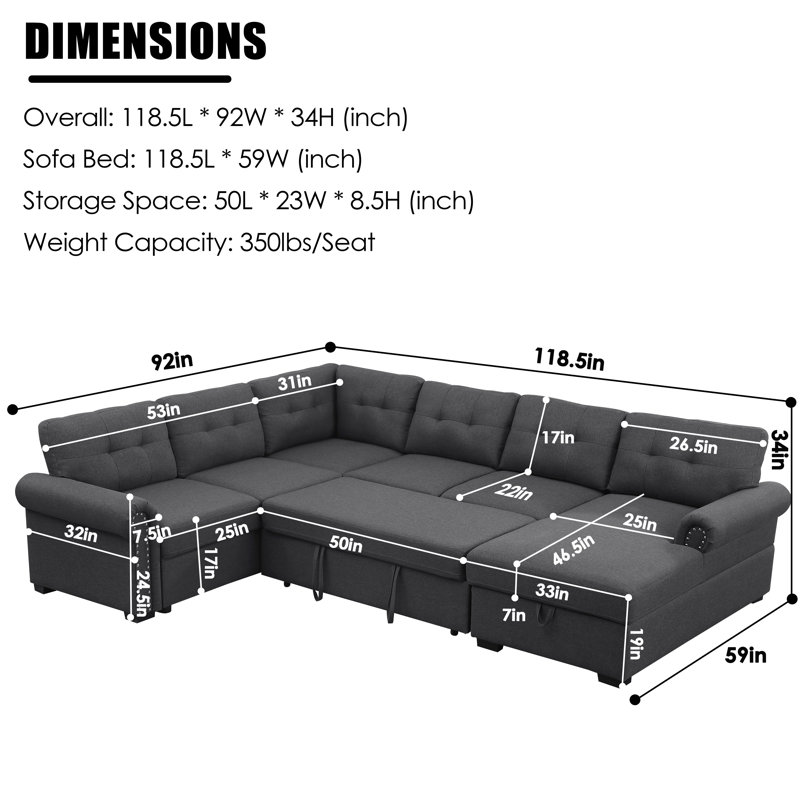 U Shaped Oversized Sleeper Sectional Sofa Pull Out Bed With Storage Chaise, Dark Gray Polyester Blend