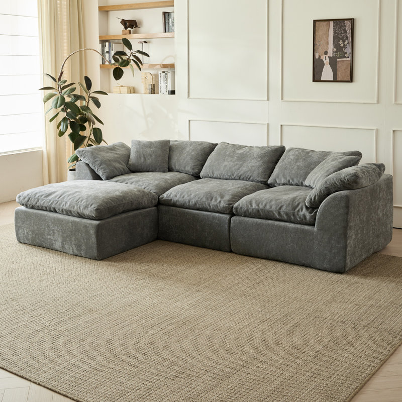 Boneless 109" Modern Cloud Couches For Living Room, Deep Seat Convertible L-shape Boneless Couch With Ottoman, Oversized Comfy 3-seater Couch Chenille Fabric Compressed Sofa Modular Sectional Sofa