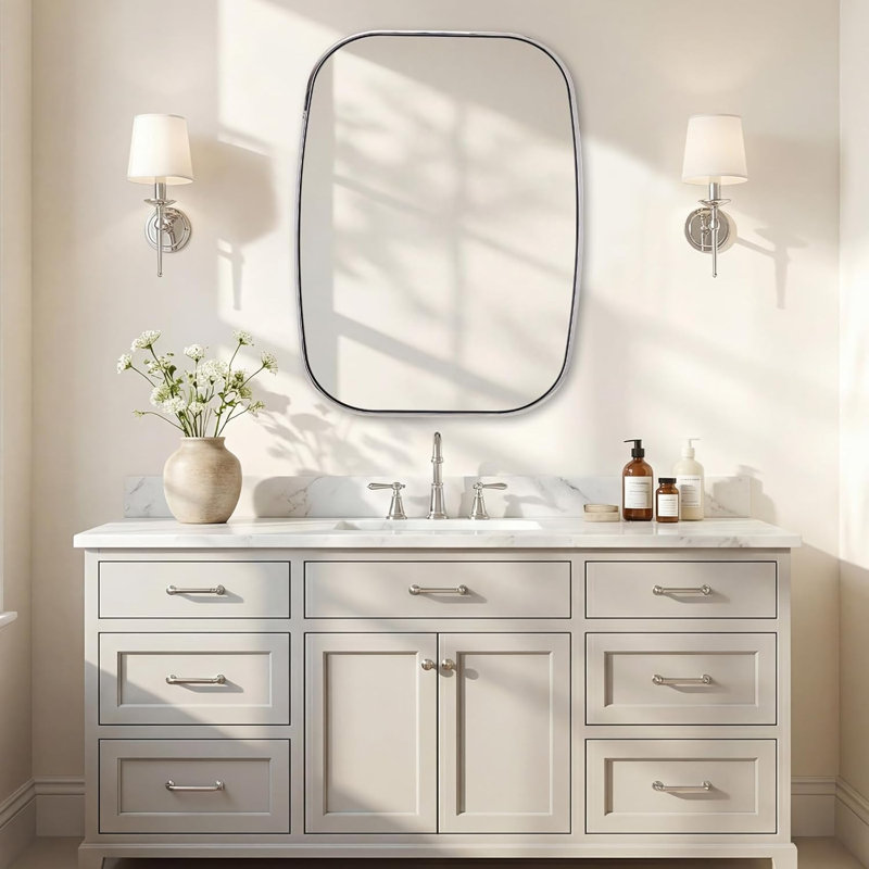 Miroir de salle de bain contemporain | Cadre épais en acier inoxydable, 32 po x 24 po, Chrome poli