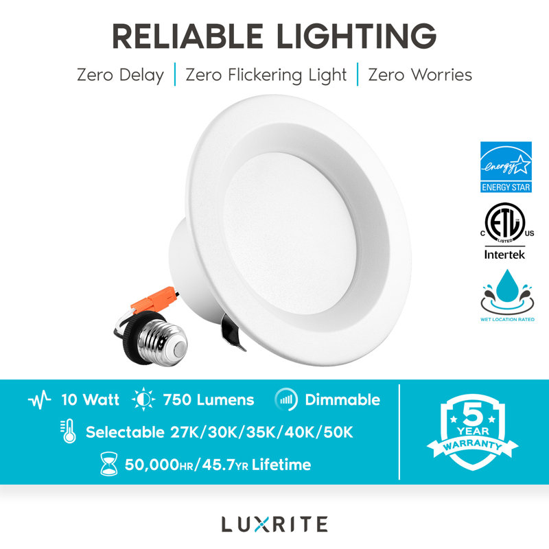 4 lumières DEL encastrées 4 pouces 10W 5 lumières à intensité variable à intensité variable sélectionnables 750 lumens homologuées ETL homologuées ETL