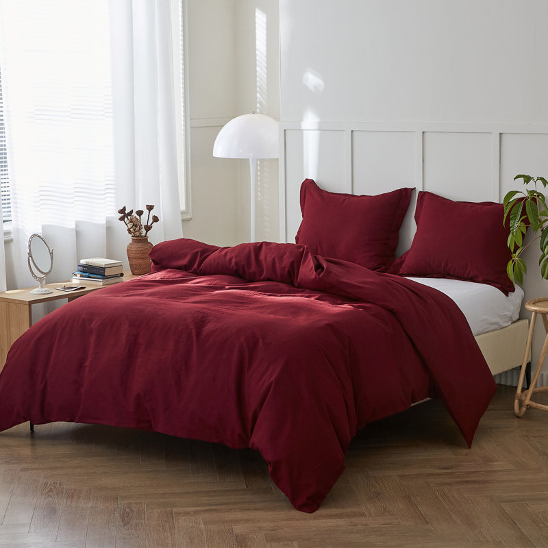 Ensemble de housse de couette en lin , Housse de couette grand et 2 taies d'oreiller stan, Rouge Bourgogne