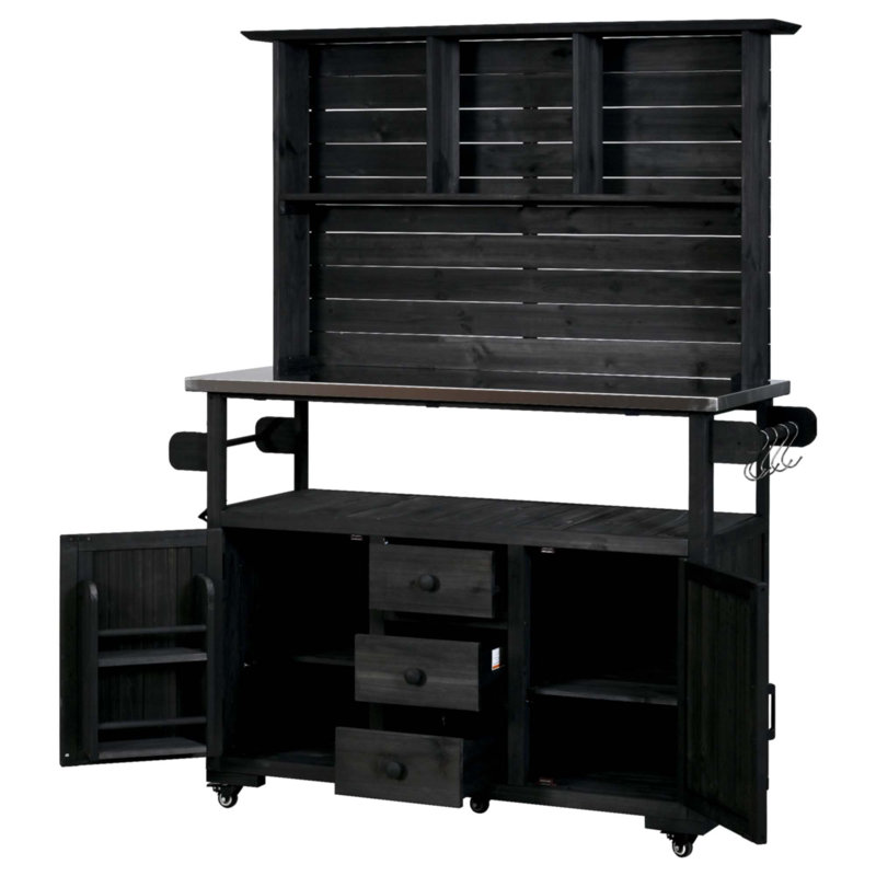 65''H Large Garden Storage Potting Bench With Lockable Wheels, Black