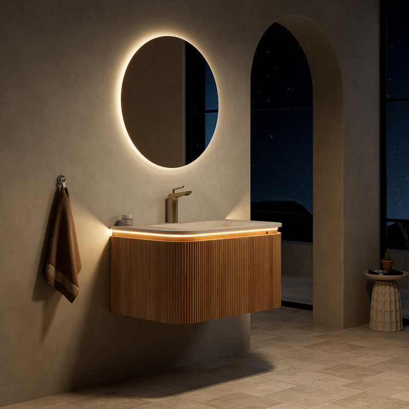 Meuble-lavabo flottant 30 po en pierre frittée intégrée en travertin, lumière DEL à capteur, armoire en bois naturel rayé 3D, tiroir à fermeture en douceur
