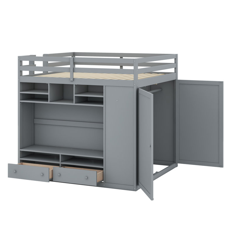 Loft Bed With Drawers, Shelves And Light, Gris