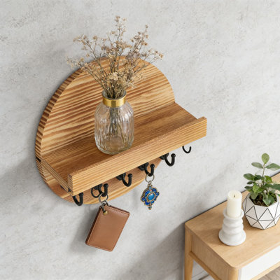 Porte-clés rond mural et organisateur de courrier, organisateur mural rustique en bois avec un design peu encombrant pour l'entrée, le couloir, la cuisine ou le bureau