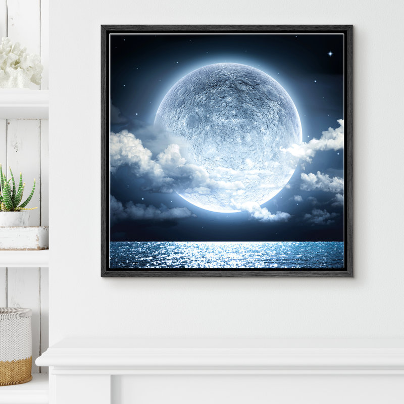" Glowing Blue Moon Over The Sea ", Black, 24" H x 24" W x 1.5" D