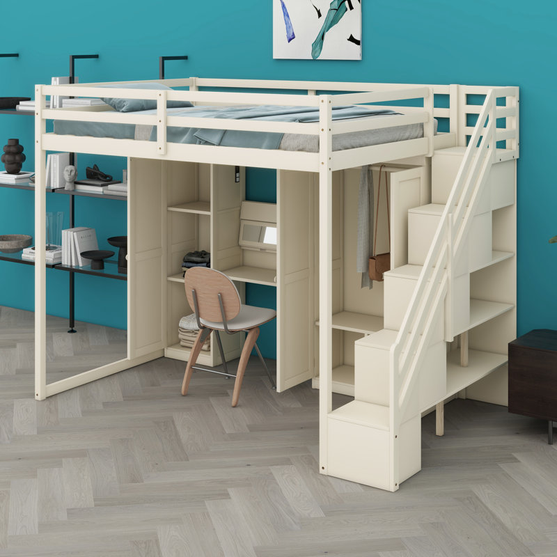 Lit mezzanine peu encombrant avec coiffeuse, miroir, escalier de rangement, armoires et éclairage et alimentation intégrés